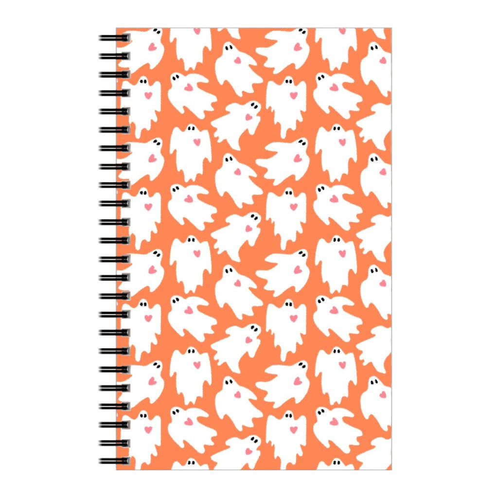 Halloween Ghosts With Hearts on Black Notebook, 5x8, Orange