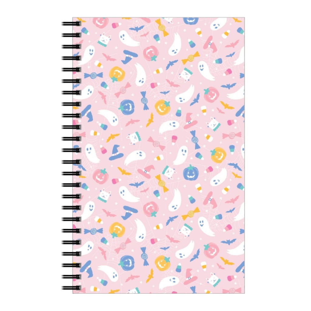 Pastel Halloween Happy Ghosts and Candy Corn Notebook, 5x8, Pink, Bright Pink
