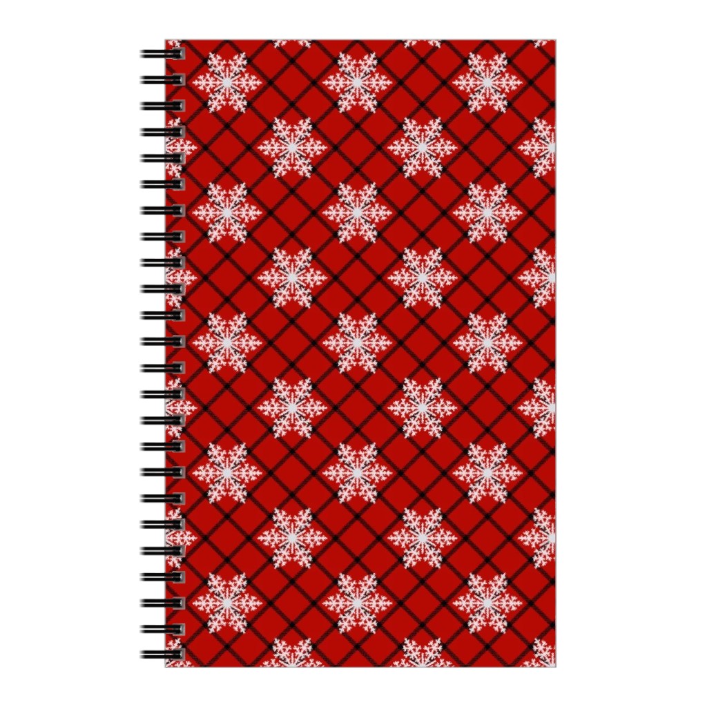 Snowy Winter Diagonal Checker Plaid - Red and Black Notebook, 5x8, Red