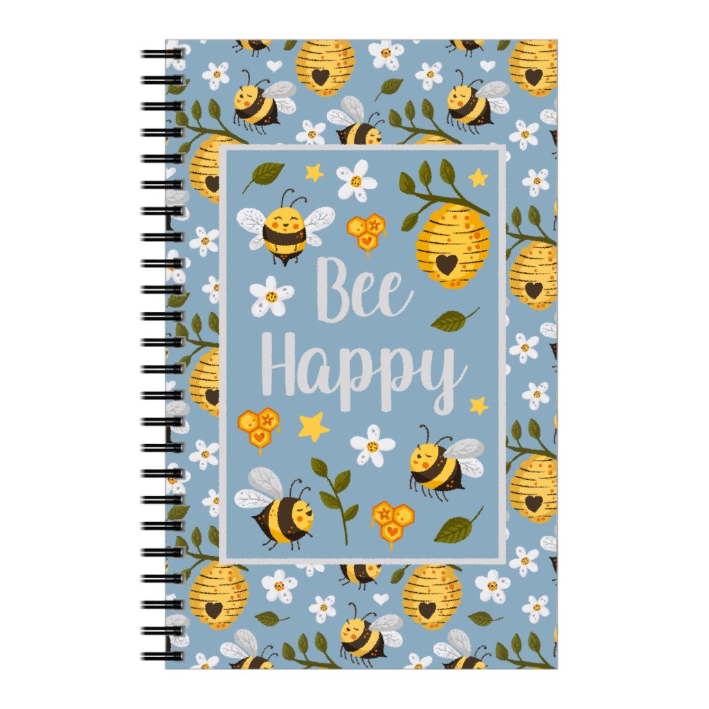 Bee Happy - Honey Bumblebee Hives & Daisies Notebook, 5x8, Blue