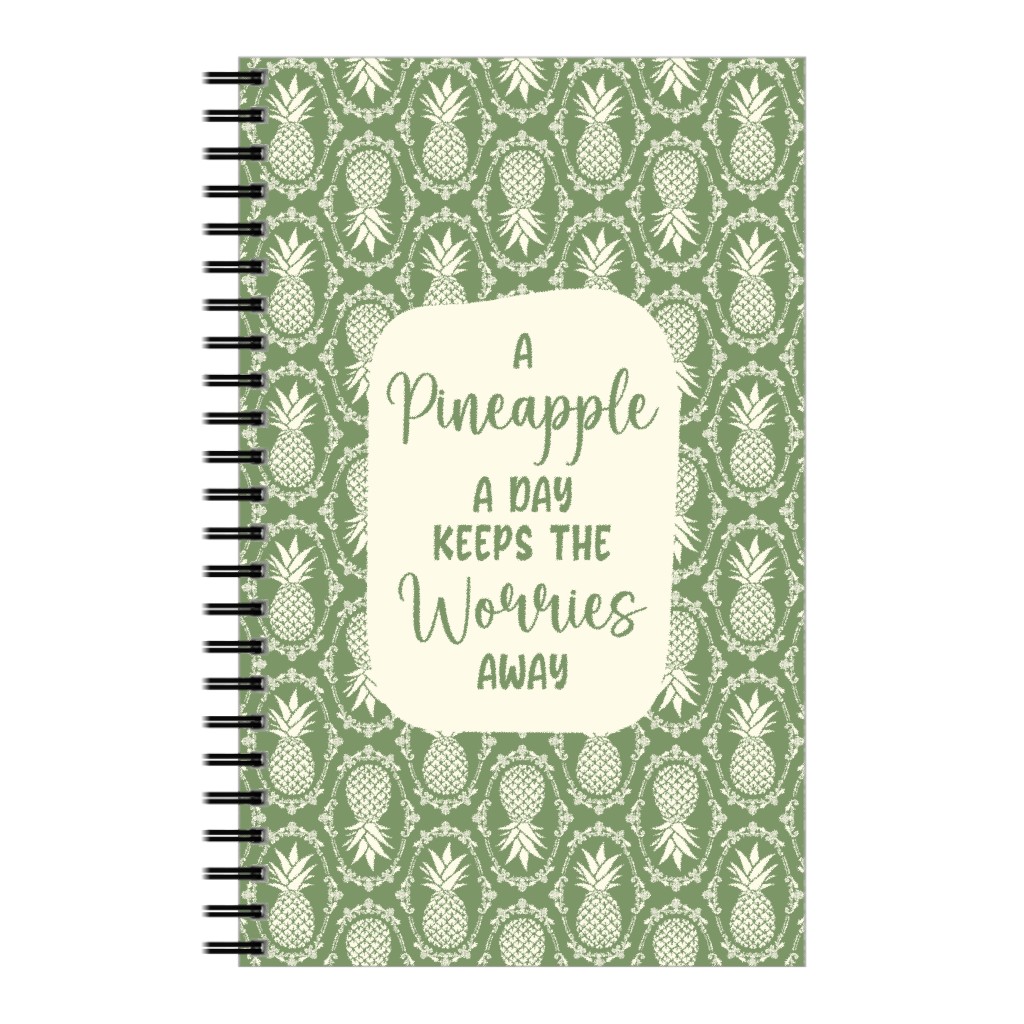 a Pineapple a Day Keeps the Worries Away Damask Notebook, 5x8, Green