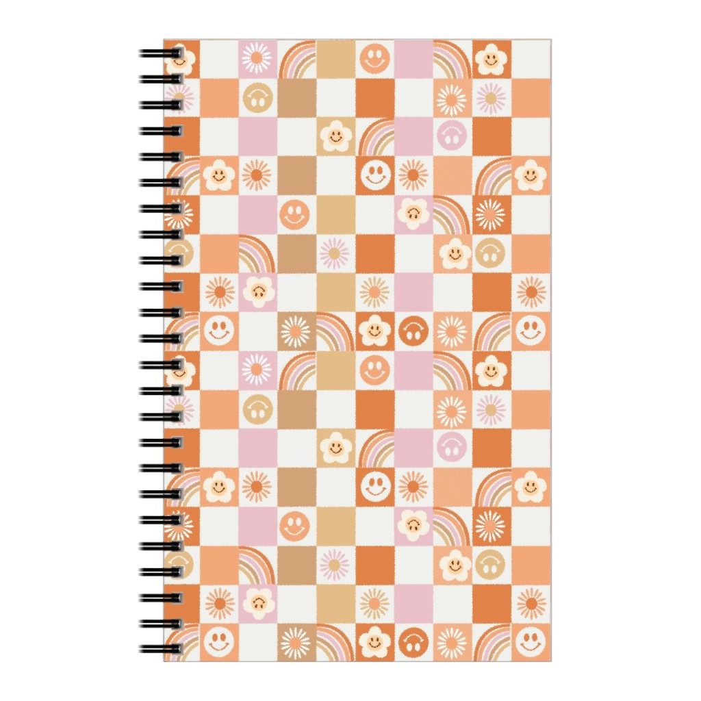 Retro Checkerboard - Daisy, Smile, Happy - Pink Orange Notebook, 5x8, Orange
