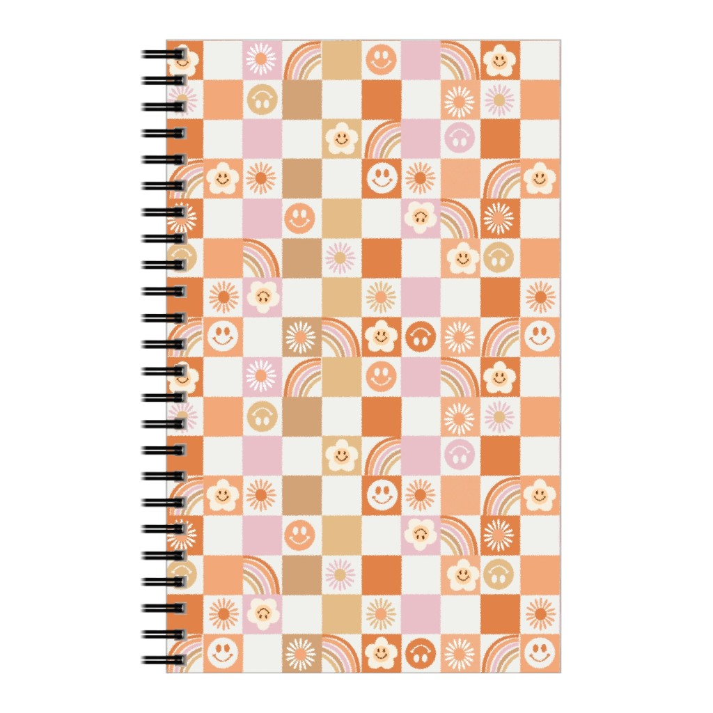 Retro Checkerboard - Daisy, Smile, Happy - Pink Orange Notebook, 5x8, Orange, Orange