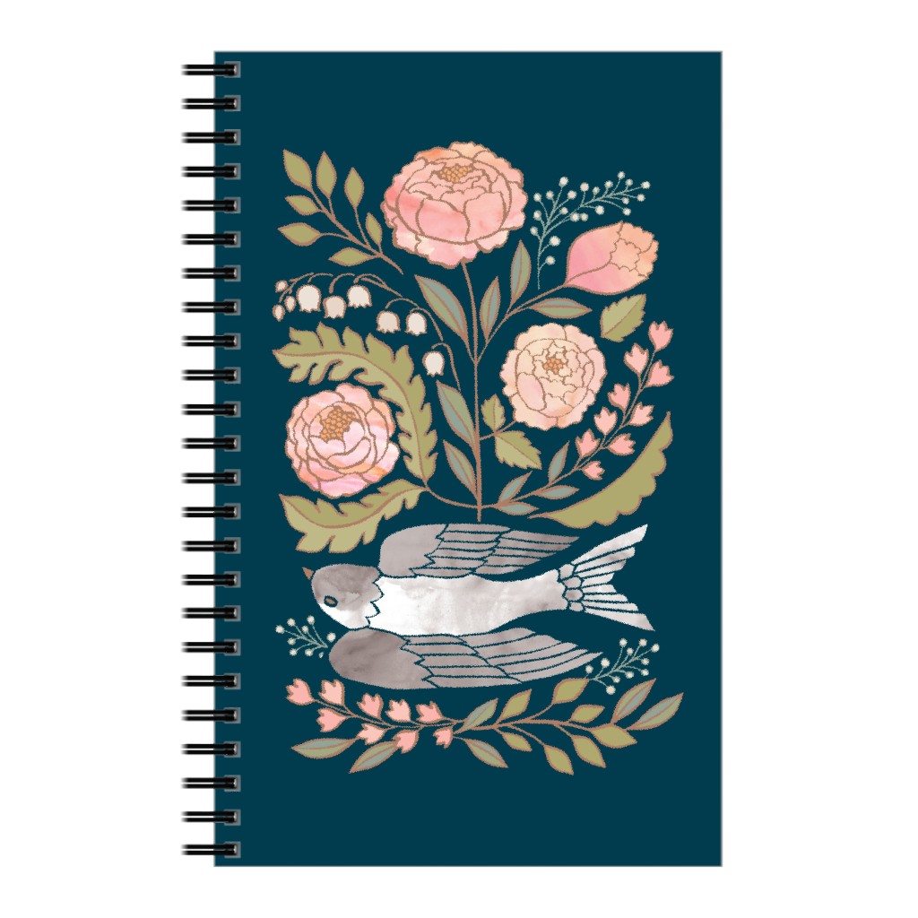 Bloom - Dove & Pink Peonies on Blue Notebook, 5x8, Multicolor
