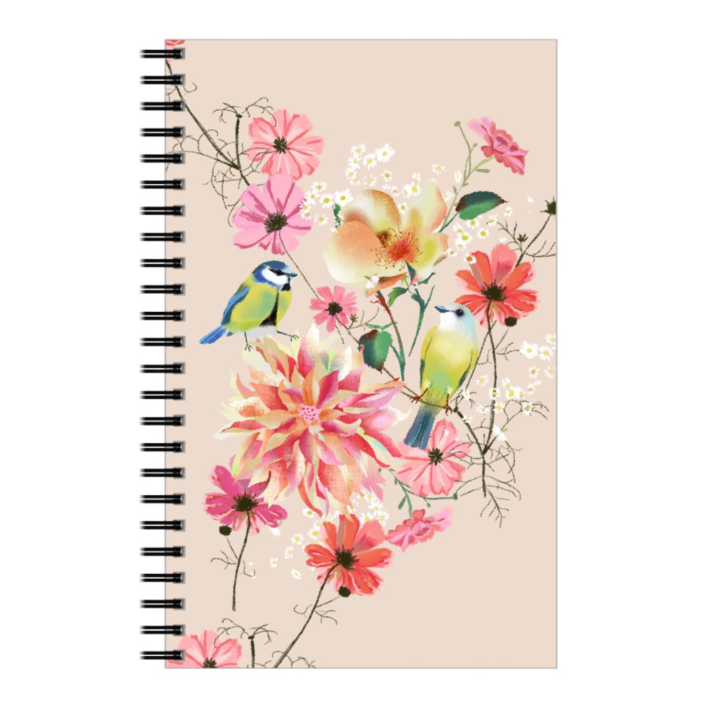 Birds With Dahlias and Cosmea Notebook, 5x8, Pink