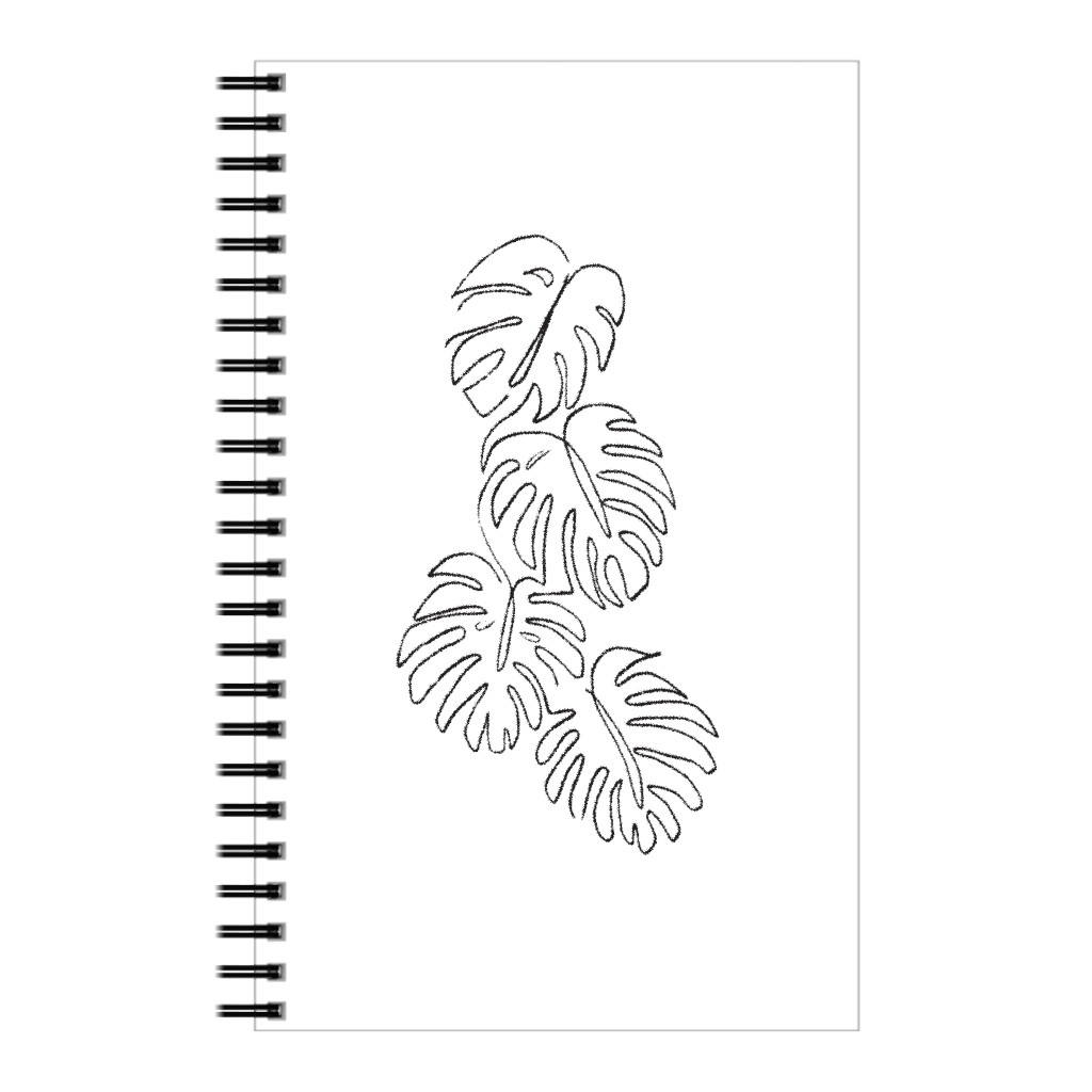 Monstera Leaf Line Art - Black and White Notebook, 5x8, White, White