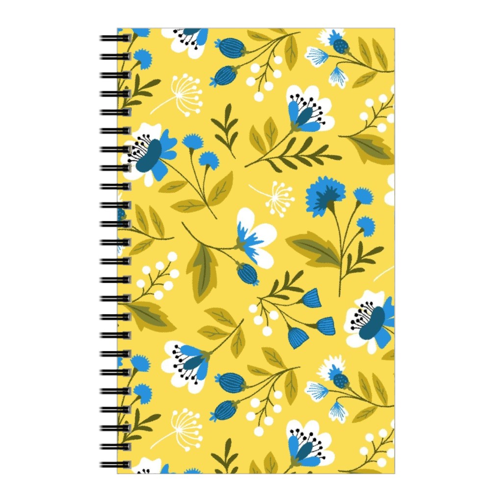 Colorful Spring Flowers - Blue on Yellow Notebook, 5x8, Yellow