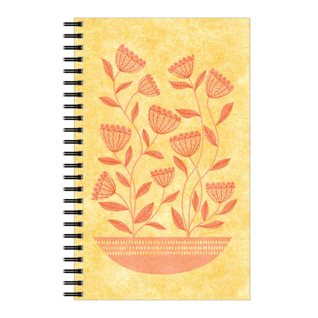 Mid Century Modern Orange Floral on Yellow Notebook, 5x8, Orange