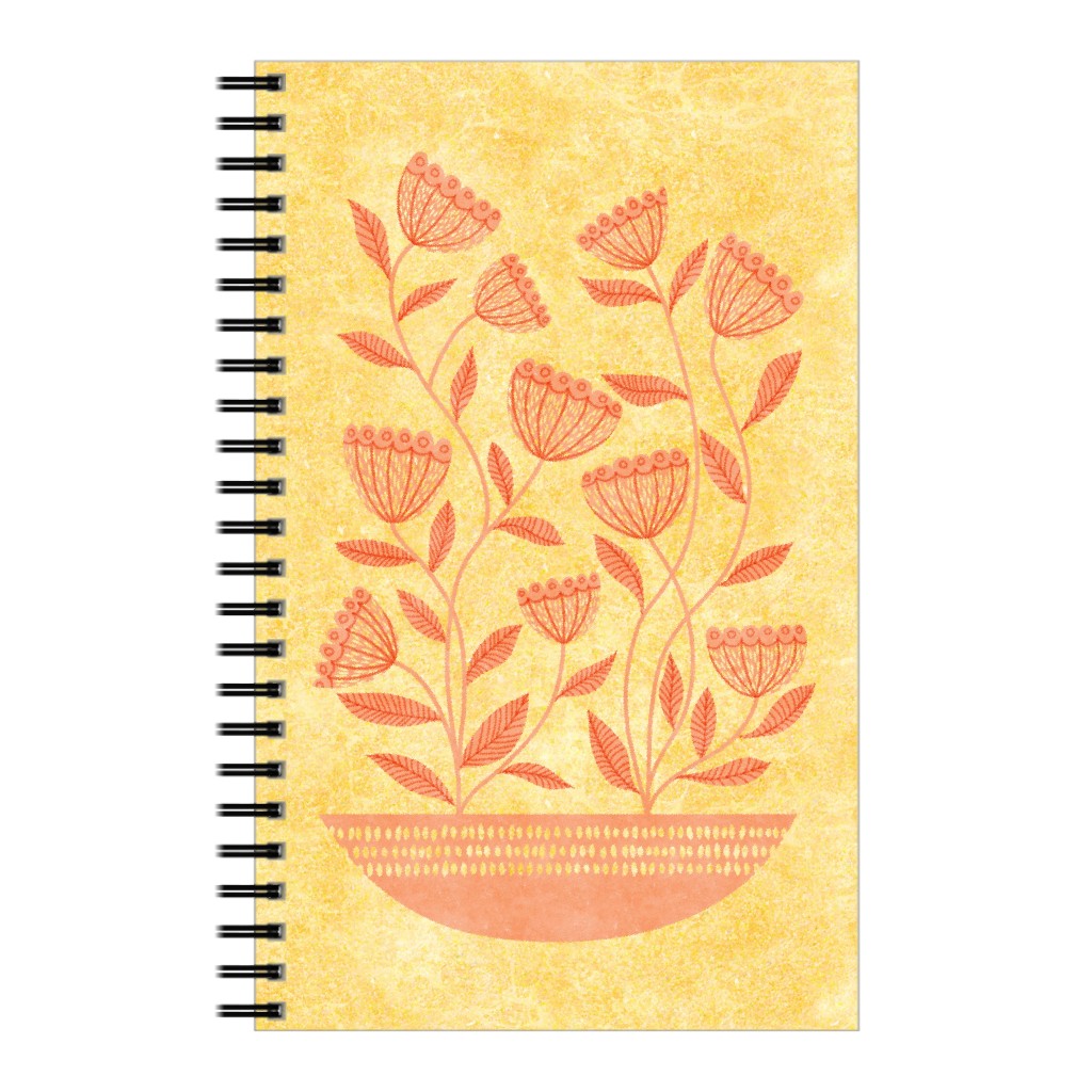 Mid Century Modern Orange Floral on Yellow Notebook, 5x8, Orange, Orange