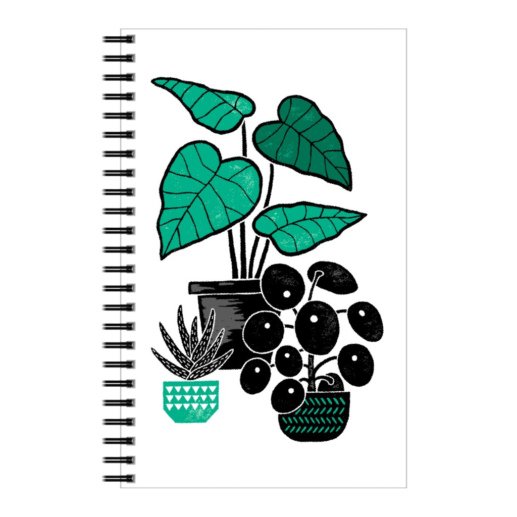 Houseplants Block Print - Black & Green on White Notebook, 5x8, Green, Classic Green