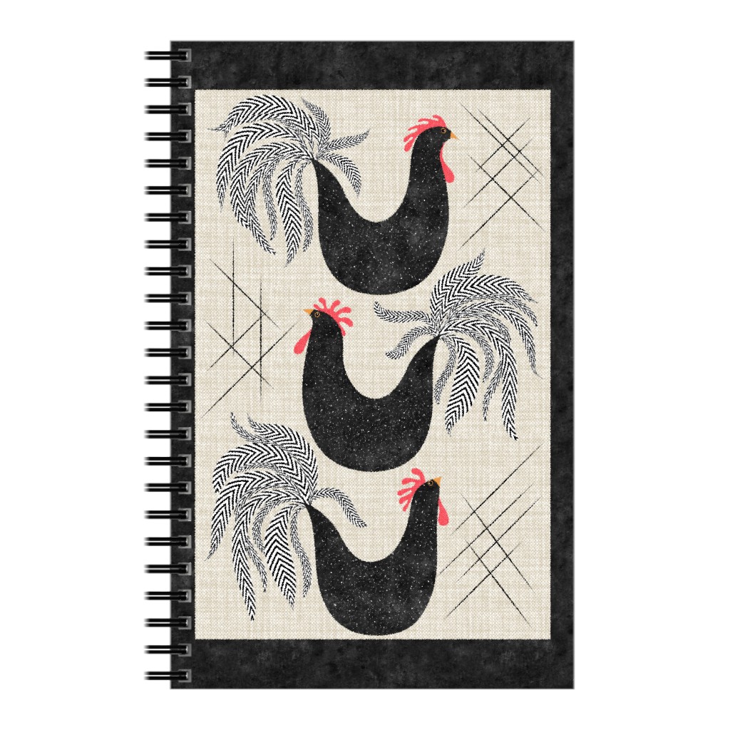 Roosters! - Black & White Notebook, 5x8, Black