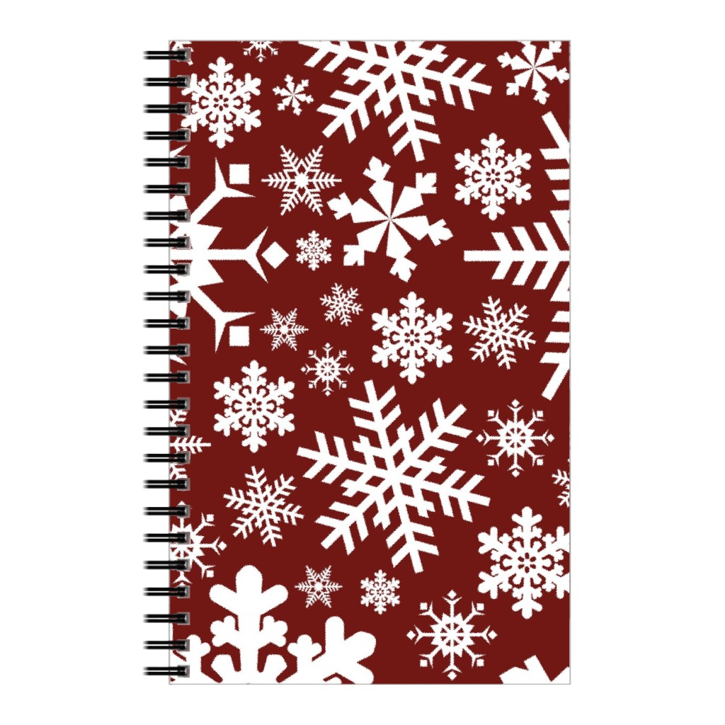 Christmas White Snowflakes on Red Background Notebook, 5x8, Red