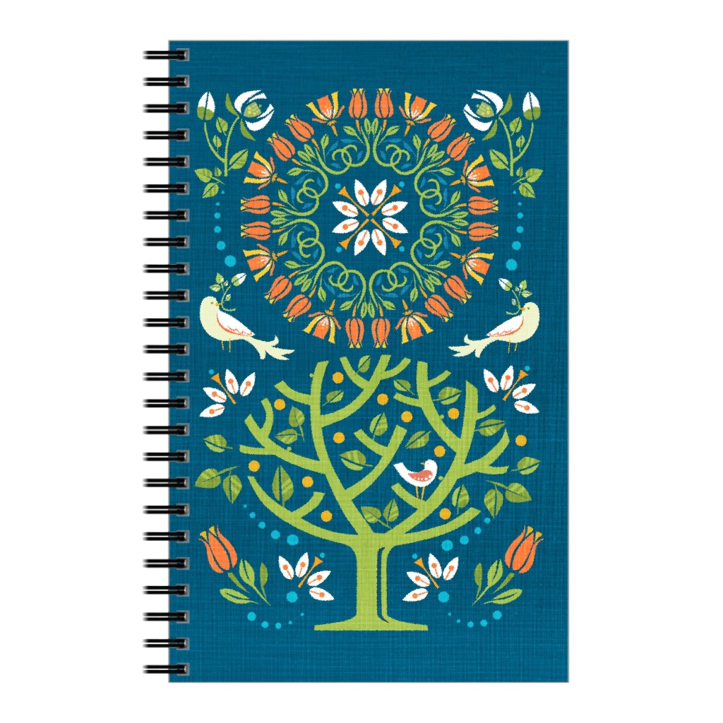 Peaceful Folk Birds Notebook, 5x8, Blue, True Blue
