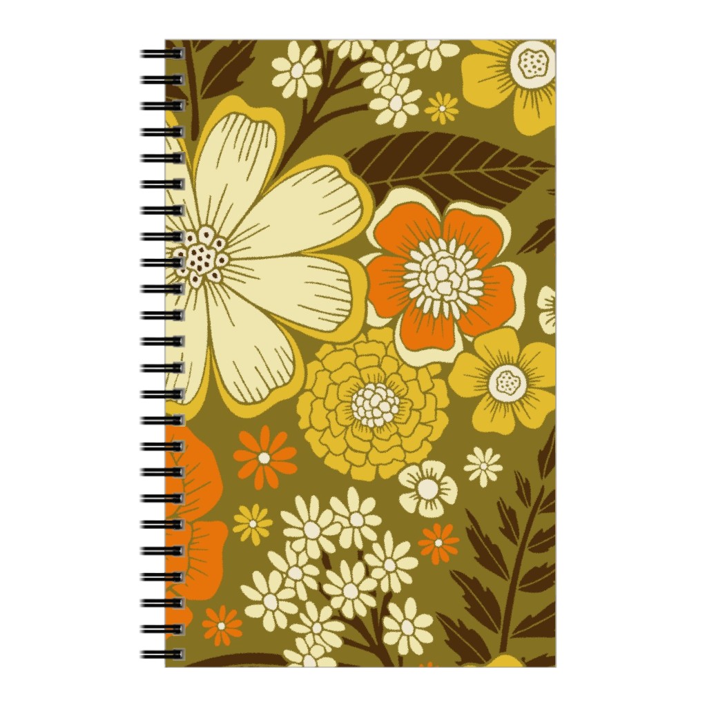 1970s Retro/Vintage Floral - Yellow and Brown Notebook, 5x8, Yellow