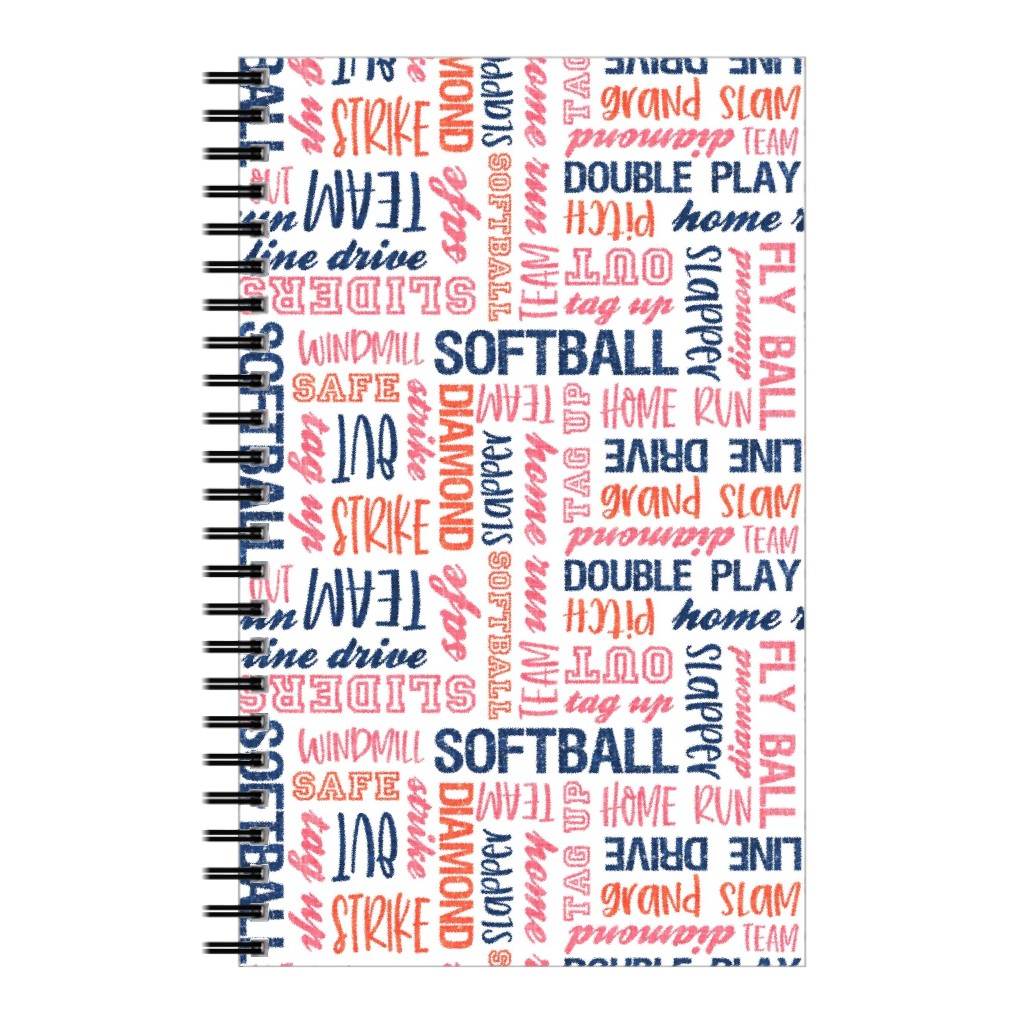 All Things Softball - Softball Typography - Pink Orange Blue Notebook, 5x8, Pink