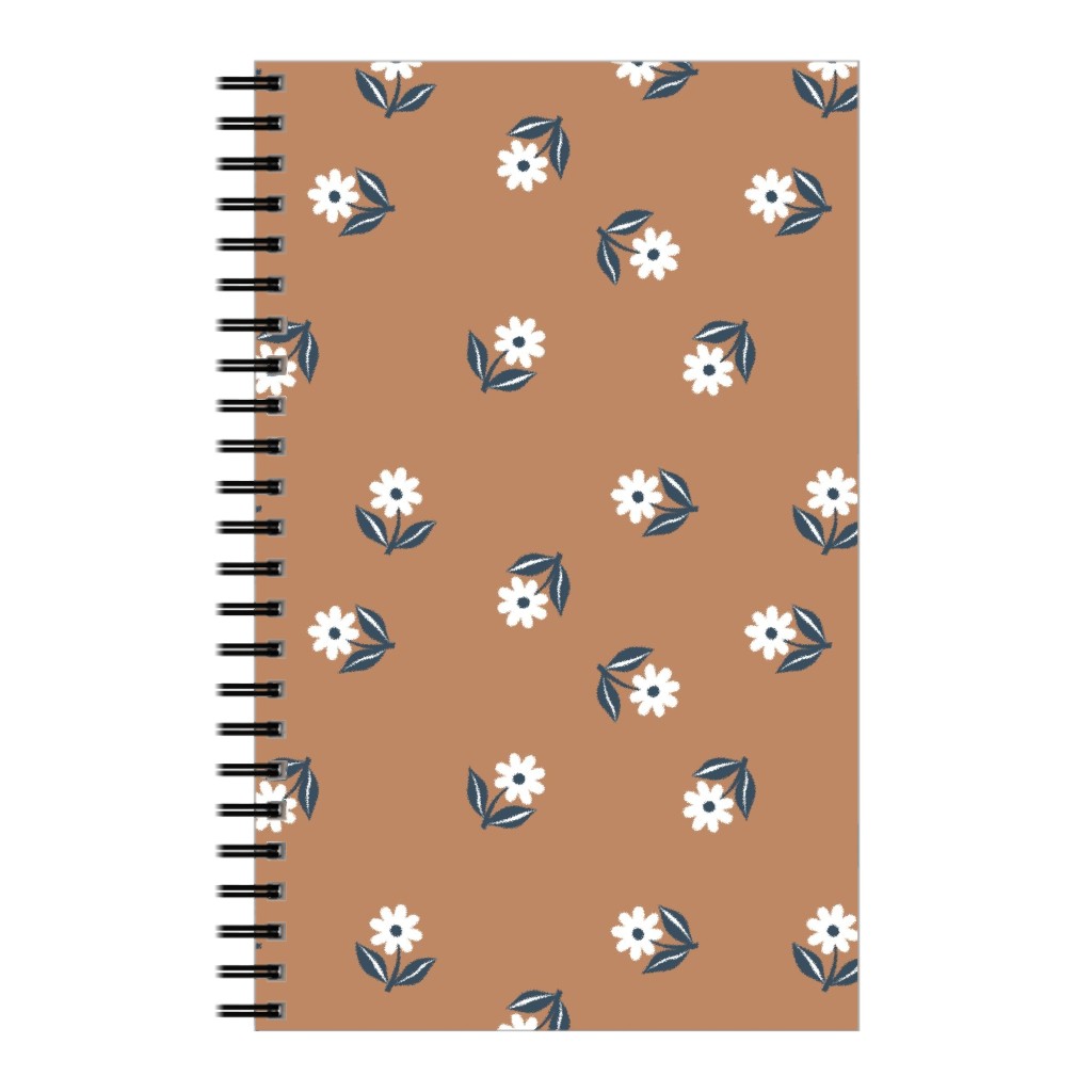 Romantic Boho Daisy Flowers - Scandinavian Print - Caramel Brown Blue Notebook, 5x8, Orange