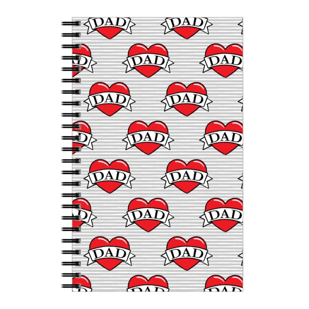 Dad Heart Tattoo - Red on Grey Stripes Notebook, 5x8, Red