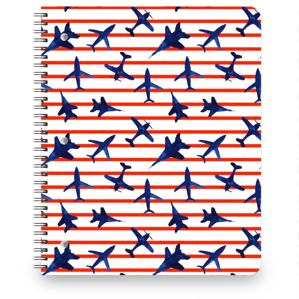 Patriotic Airplanes Watercolor - Blue With Red Stripes Notebook, 8.5x11, Blue