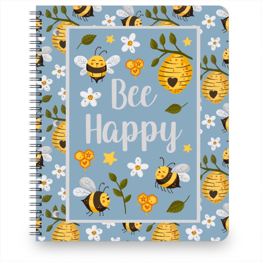 Bee Happy - Honey Bumblebee Hives & Daisies Notebook, 8.5x11, Blue, True Blue