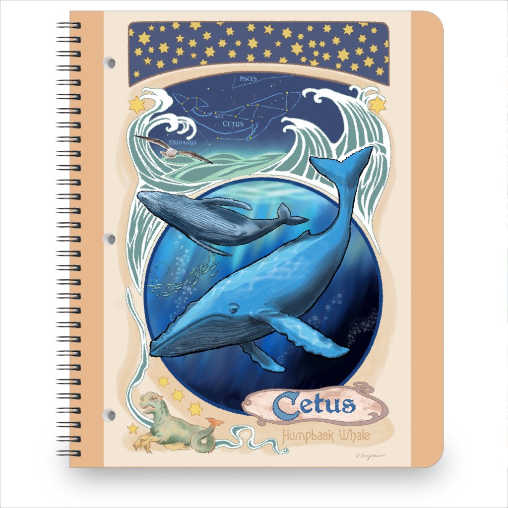 Art Nouveau Humpback Whale Notebook, 8.5x11, Blue