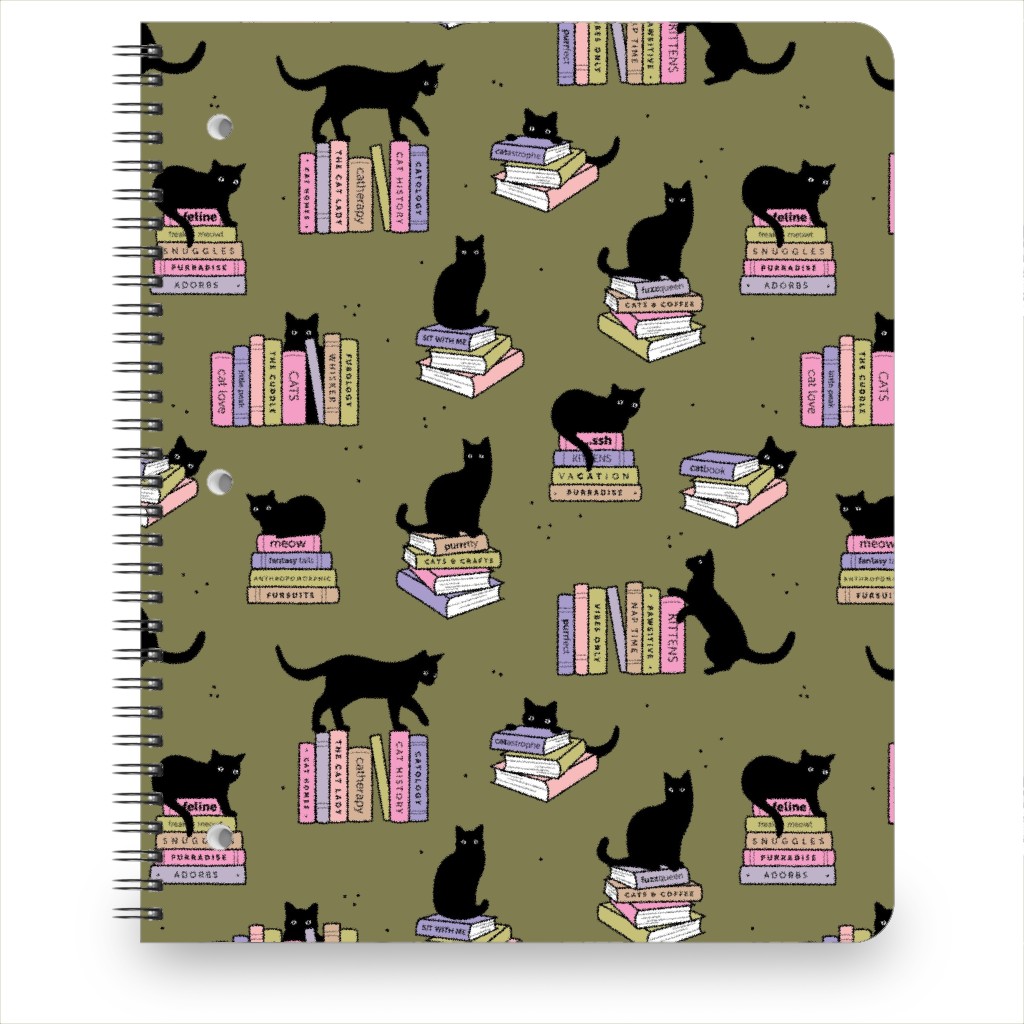 Cats and Books Notebook, 8.5x11, Green, Avocado