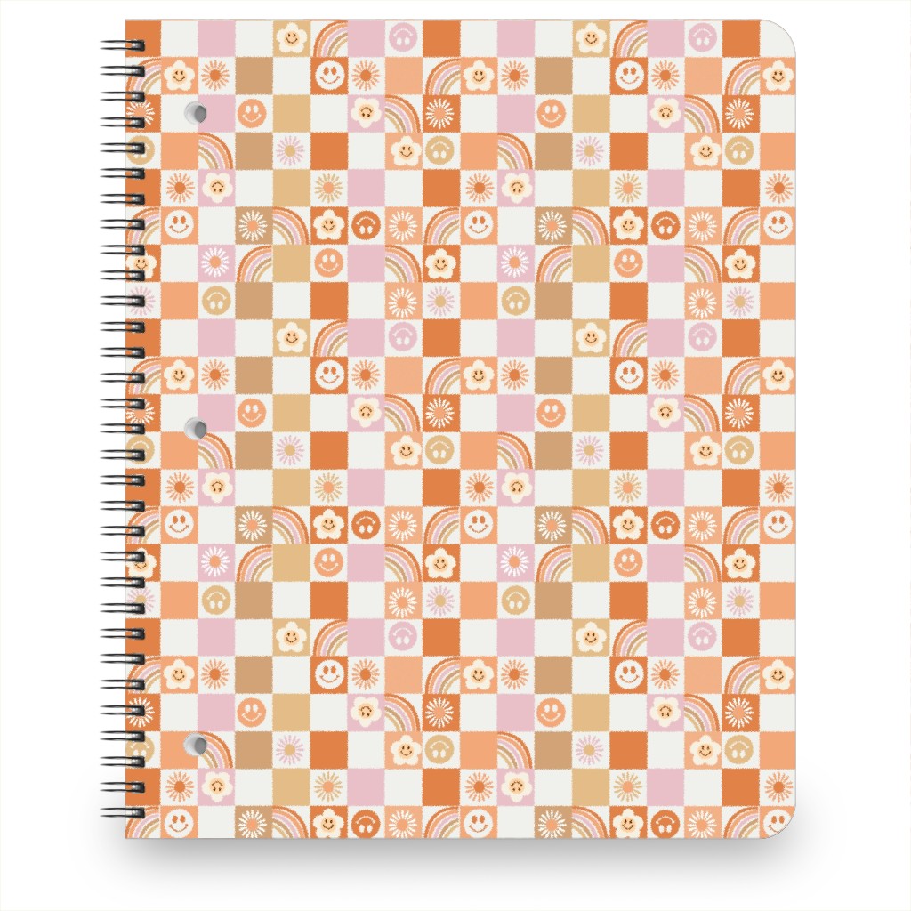 Retro Checkerboard - Daisy, Smile, Happy - Pink Orange Notebook, 8.5x11, Orange