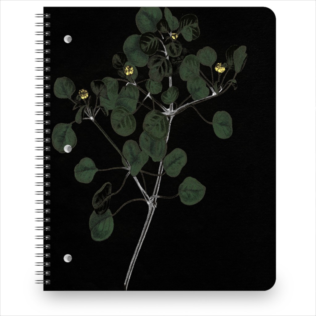 Midnight Botanical Sprig With Leaves - Black and Green Notebook, 8.5x11, Black
