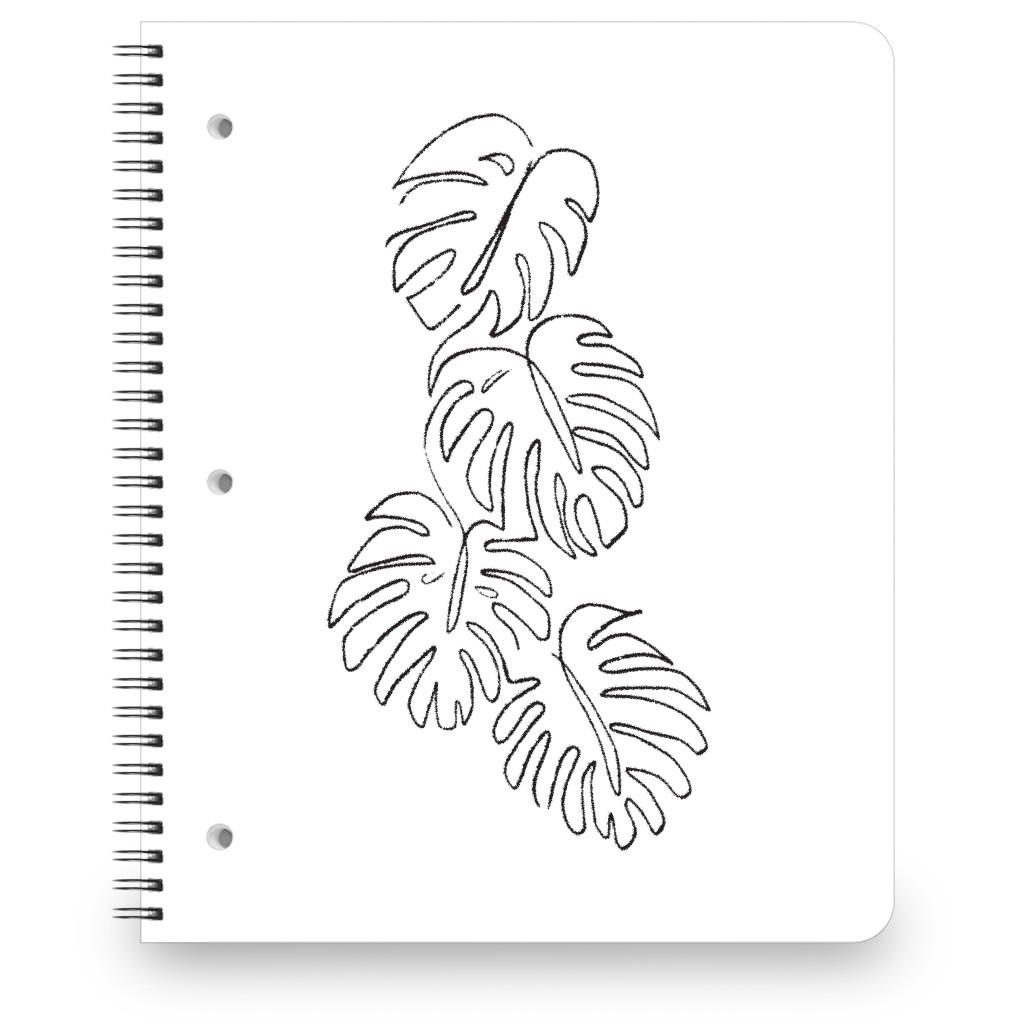 Monstera Leaf Line Art - Black and White Notebook, 8.5x11, White, White