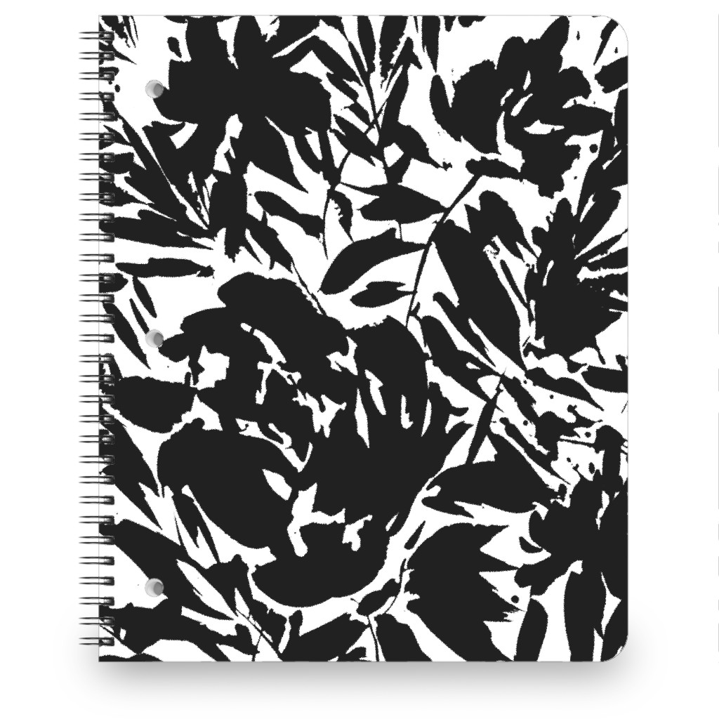 Floral Silhouette - Black and White Notebook, 8.5x11, Black, Black