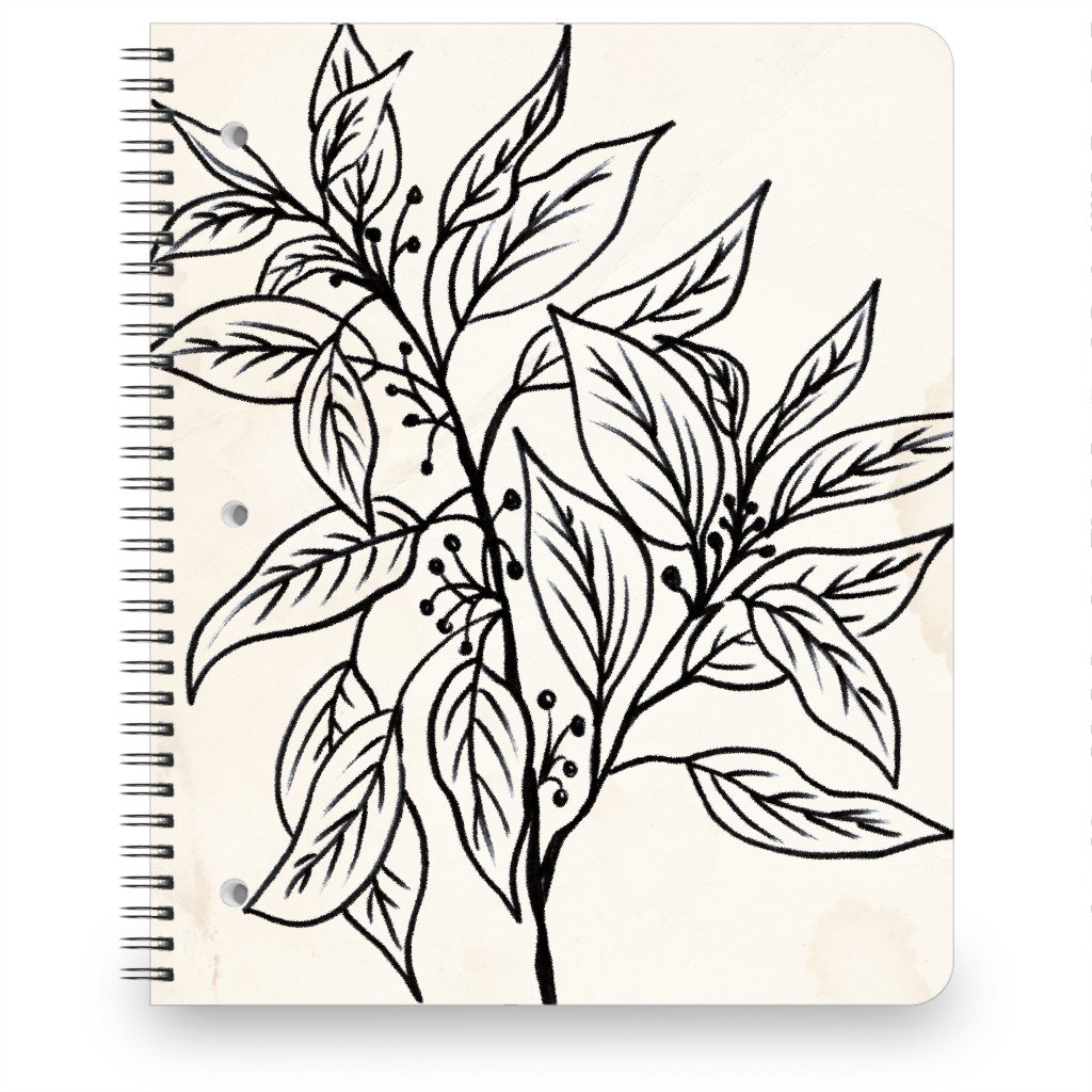 Vintage Branch With Leaves Sketch - Beige and Black Notebook, 8.5x11, Beige