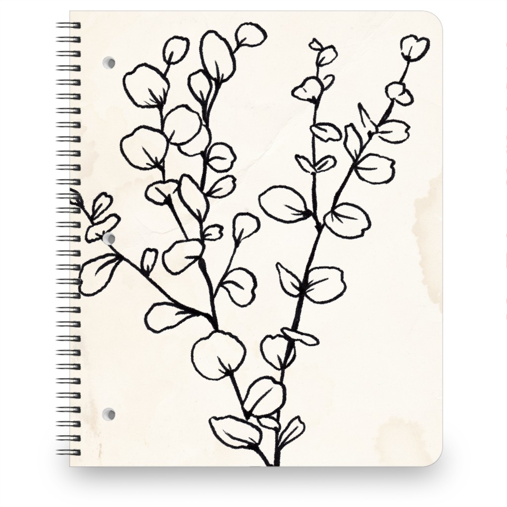Vintage Eucalyptus Sketch - Beige and Black Notebook, 8.5x11, Beige, Pearl