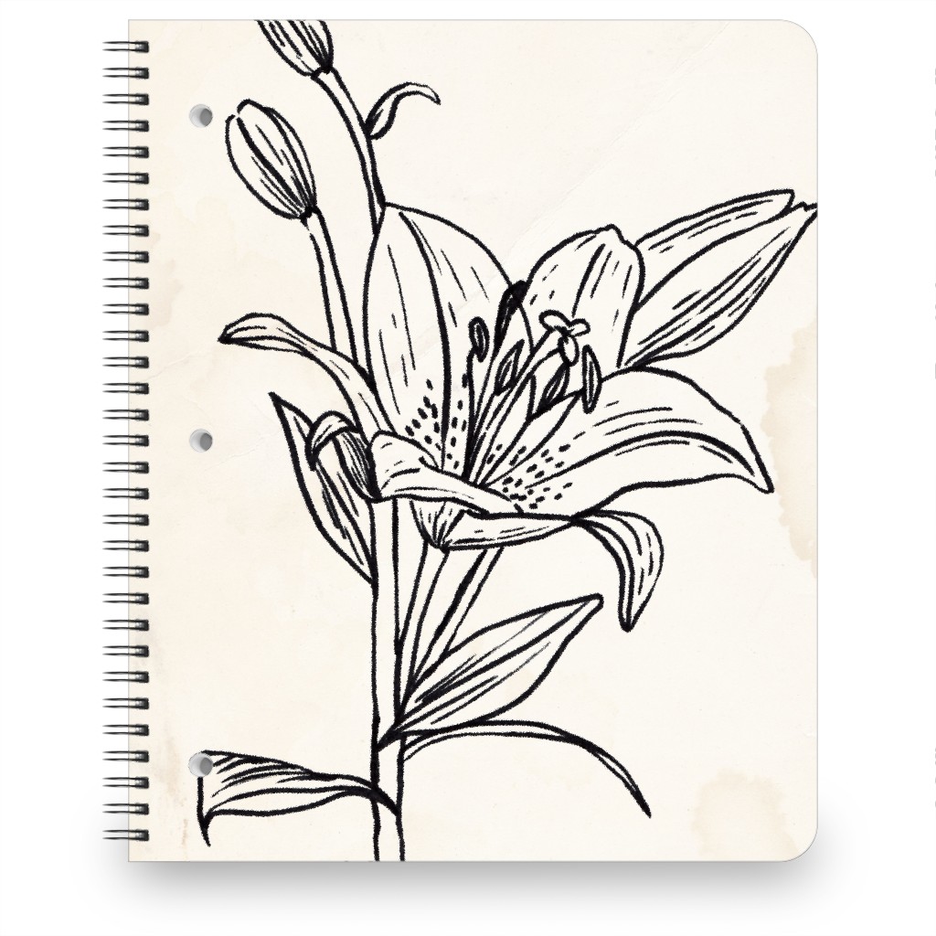 Vintage Lily Sketch - Beige and Black Notebook, 8.5x11, Beige, Pearl