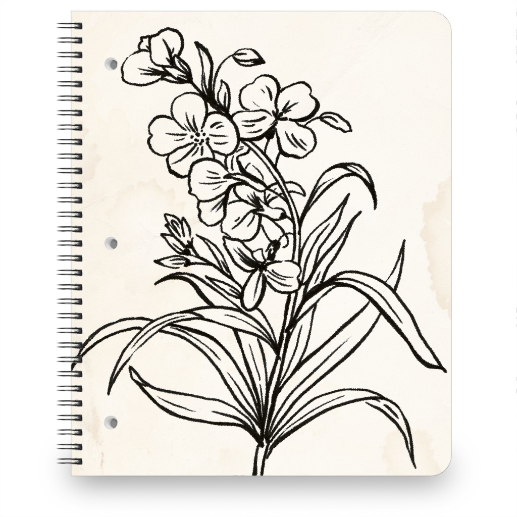 Vintage Wallflower Sketch - Beige and Black Notebook, 8.5x11, Beige, Pearl
