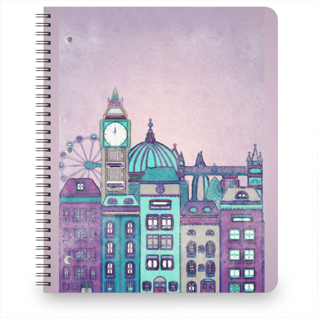 Pretty London Skyline Notebook, 8.5x11, Purple, Faded Rose