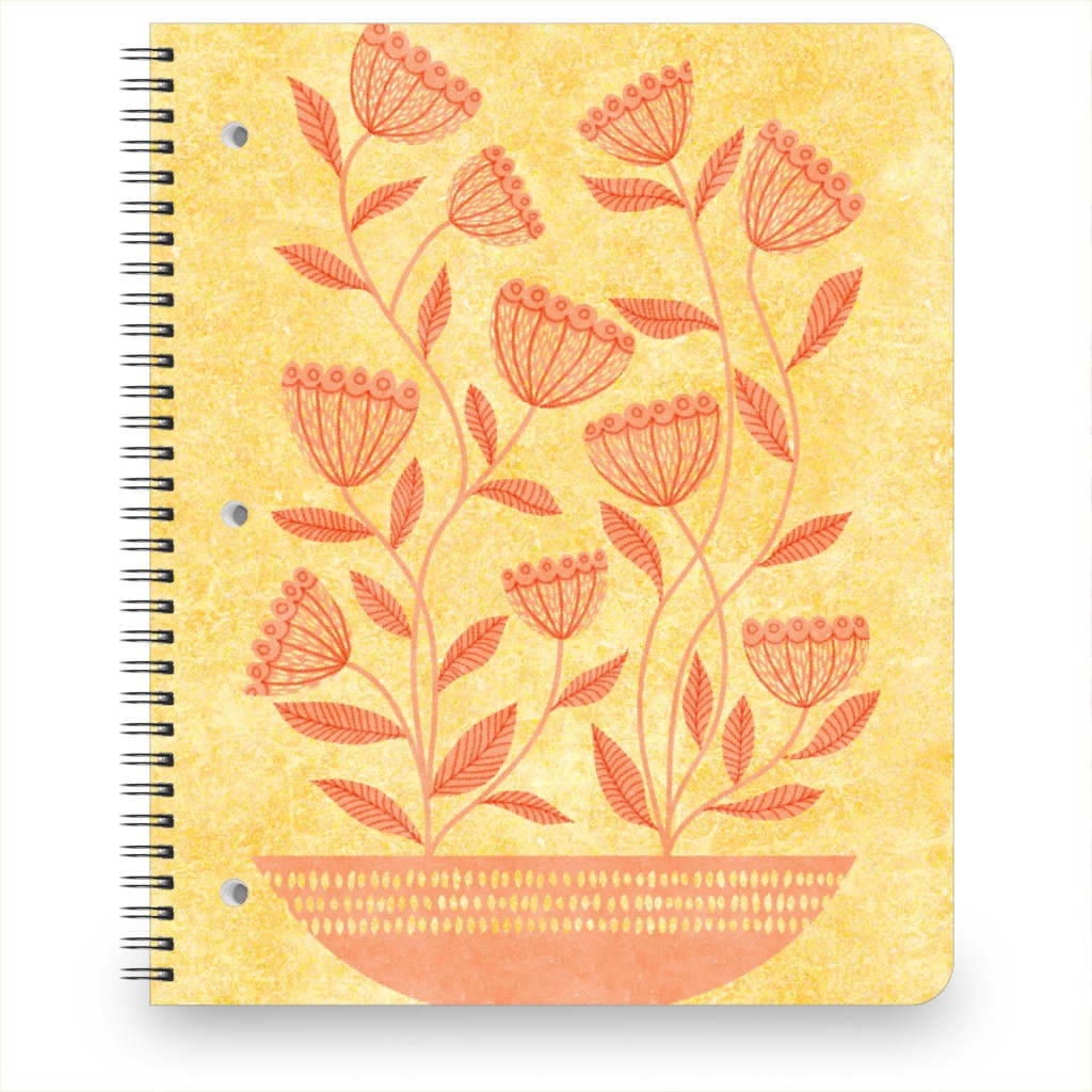 Mid Century Modern Orange Floral on Yellow Notebook, 8.5x11, Orange, Orange