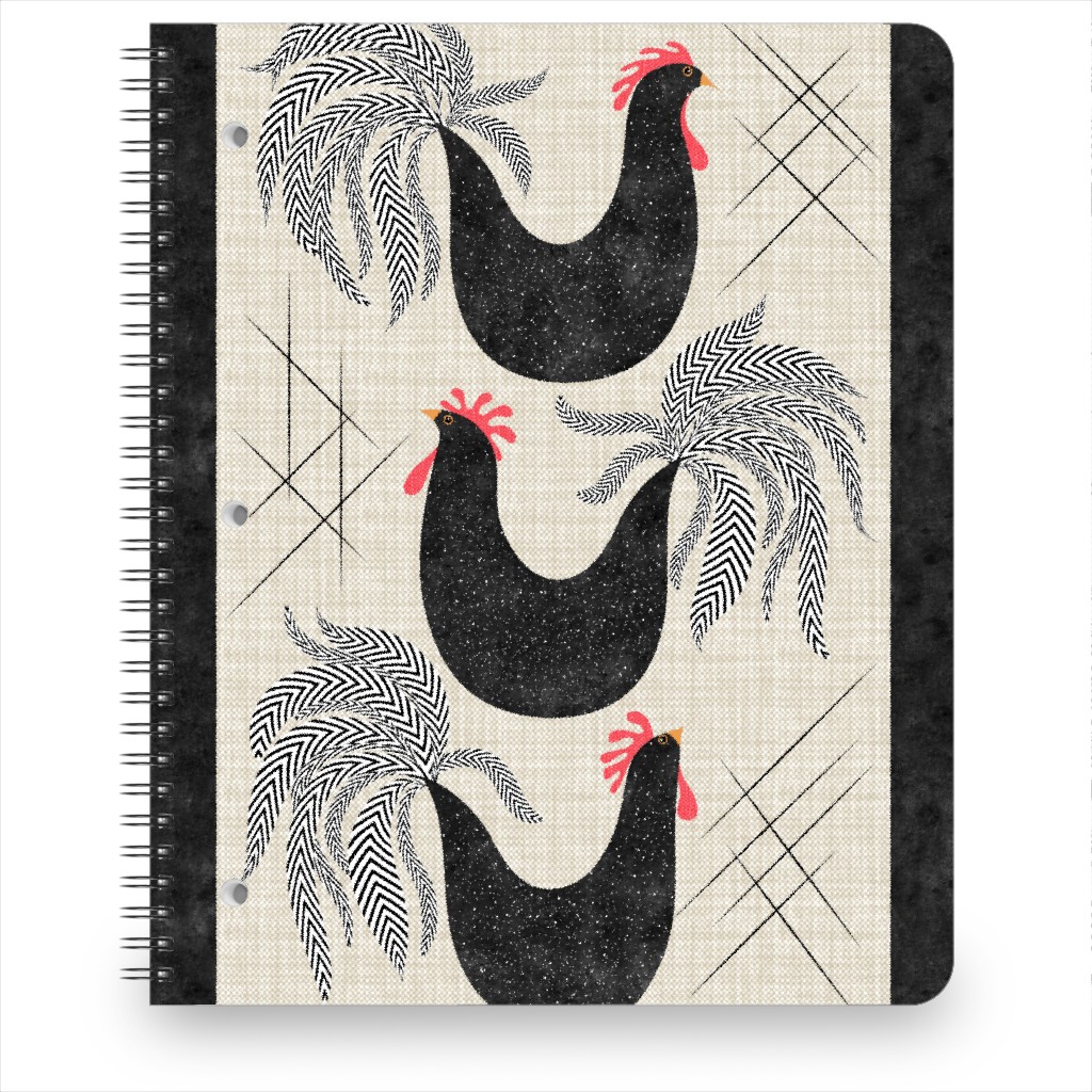 Roosters! - Black & White Notebook, 8.5x11, Black