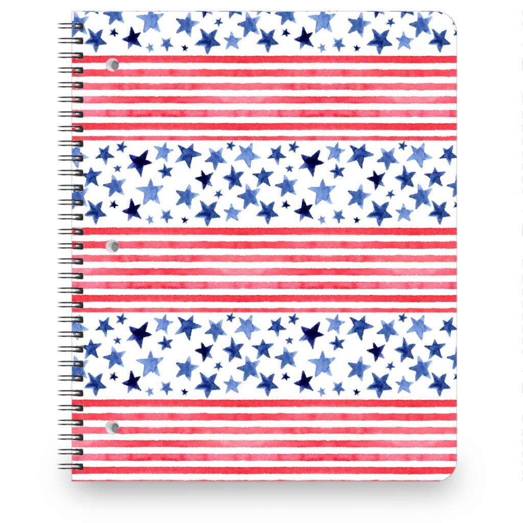 Watercolor Stars and Stripes - Red White and Blue Notebook, 8.5x11, Red, Red