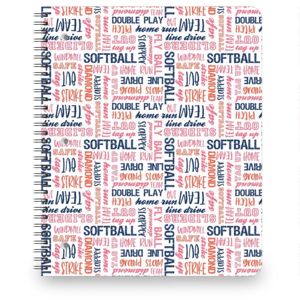 All Things Softball - Softball Typography - Pink Orange Blue Notebook, 8.5x11, Pink, Bright Pink