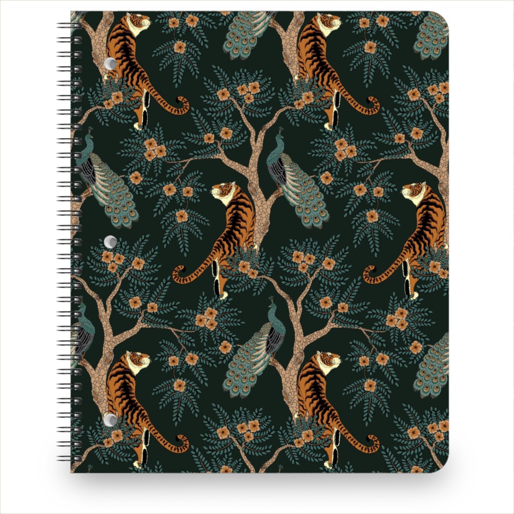 Tiger and Peacock - Black Notebook, 8.5x11, Black