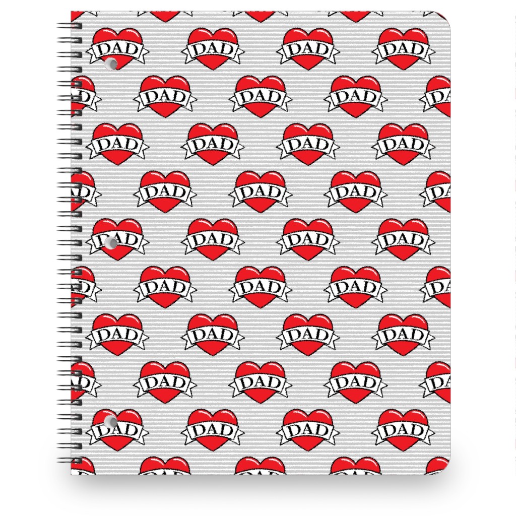 Dad Heart Tattoo - Red on Grey Stripes Notebook, 8.5x11, Red, Red