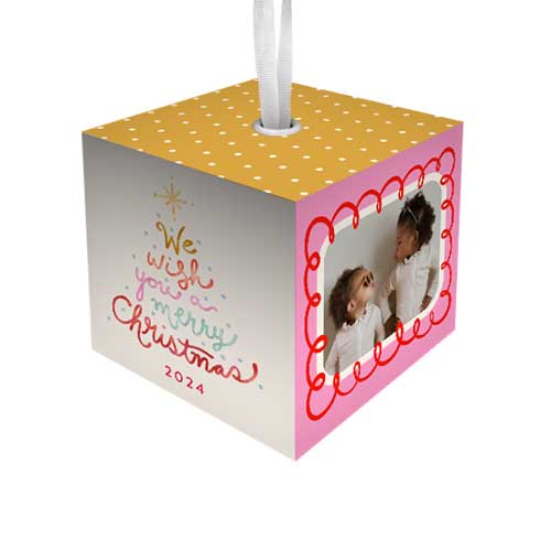 Merry Script Tree Cube Ornament, Pink, Cubed