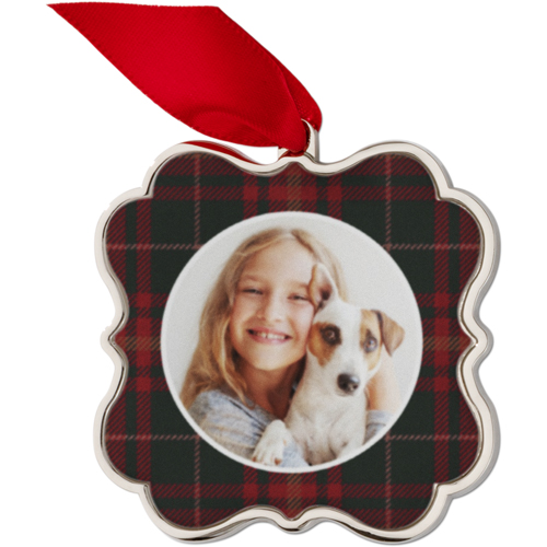 Plaid Border Keepsake Ornament, None, None, Red, Scalloped