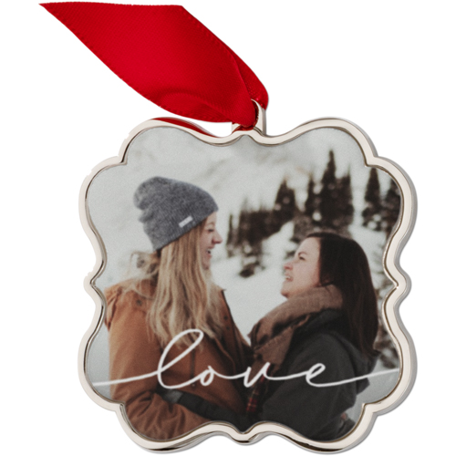 Modern Love Script Keepsake Ornament, Annual, Engraved back, White, Scalloped