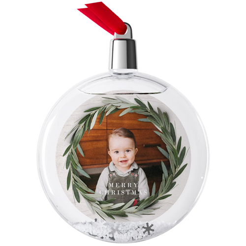 Rustic Wreath Snow Globe Ornament, White, Circle