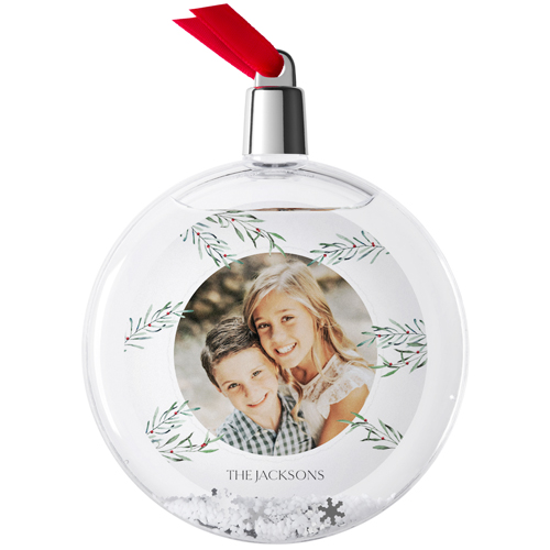 Winterberry Overlay Snow Globe Ornament, White, Circle, white