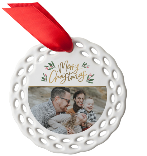 Christmas Berries Ceramic Ornament, White, Circle