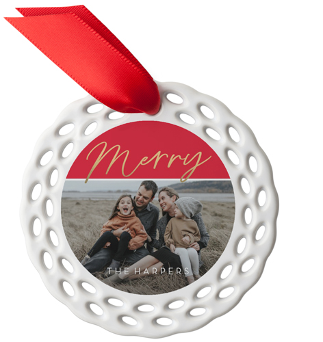 Contemporary Merry Script Ceramic Ornament, Red, Circle