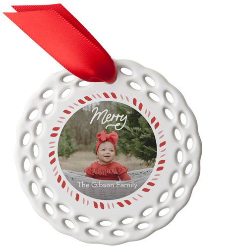 Candy Cane Border Ceramic Ornament, White, Circle, white