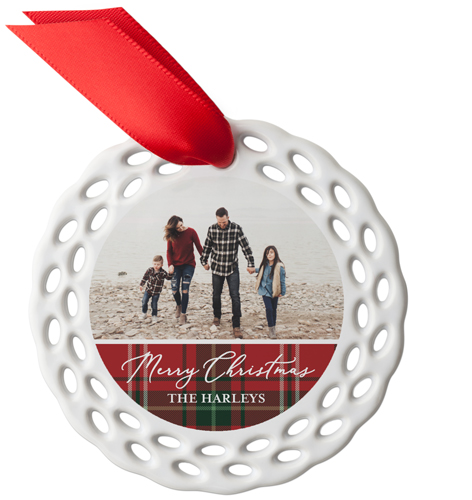 Merry Christmas Plaid Ceramic Ornament, Red, Circle