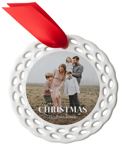 Golden Merry Christmas Ceramic Ornament, White, Circle